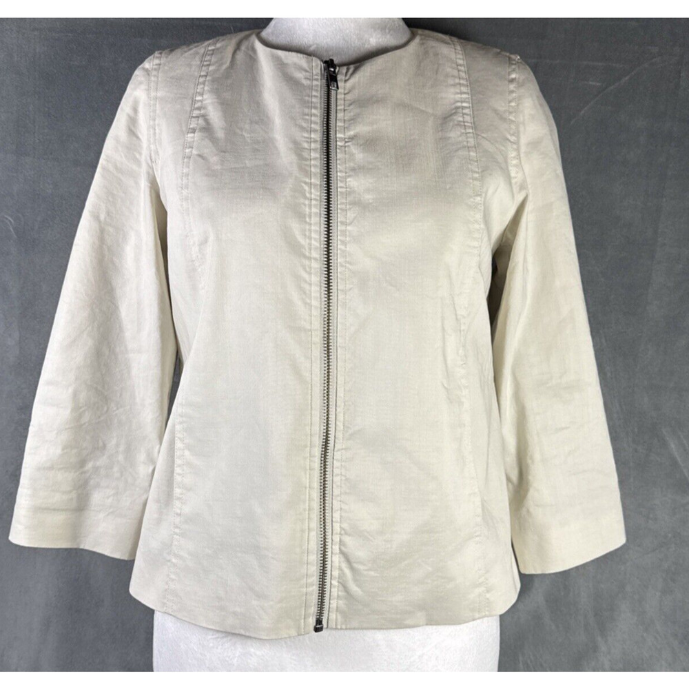 EILEEN FISHER Jacket Crop Stretch Zipper Ivory Silk Lined‎ Pocket Moto PP